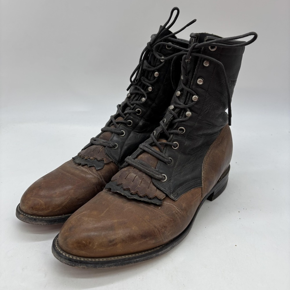 Justin Boots Mens 10 D Brown Black Lace Up Kiltie Leather Western USA Work